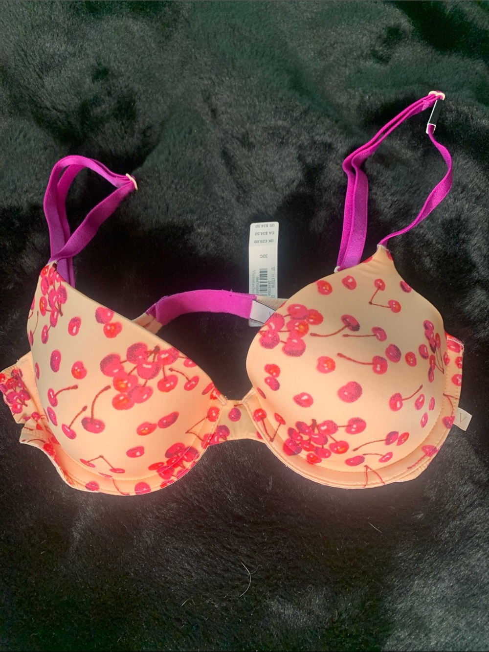 Victoria's Secret Peach Cherry Print Bra with Fuchsia Straps